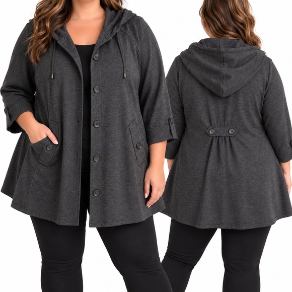 Christian Siriano Jackets & Blazers - Christian Siriano New York 3X Hooded Swing Jacket Dark Heather Gray 3/4 Sleeve